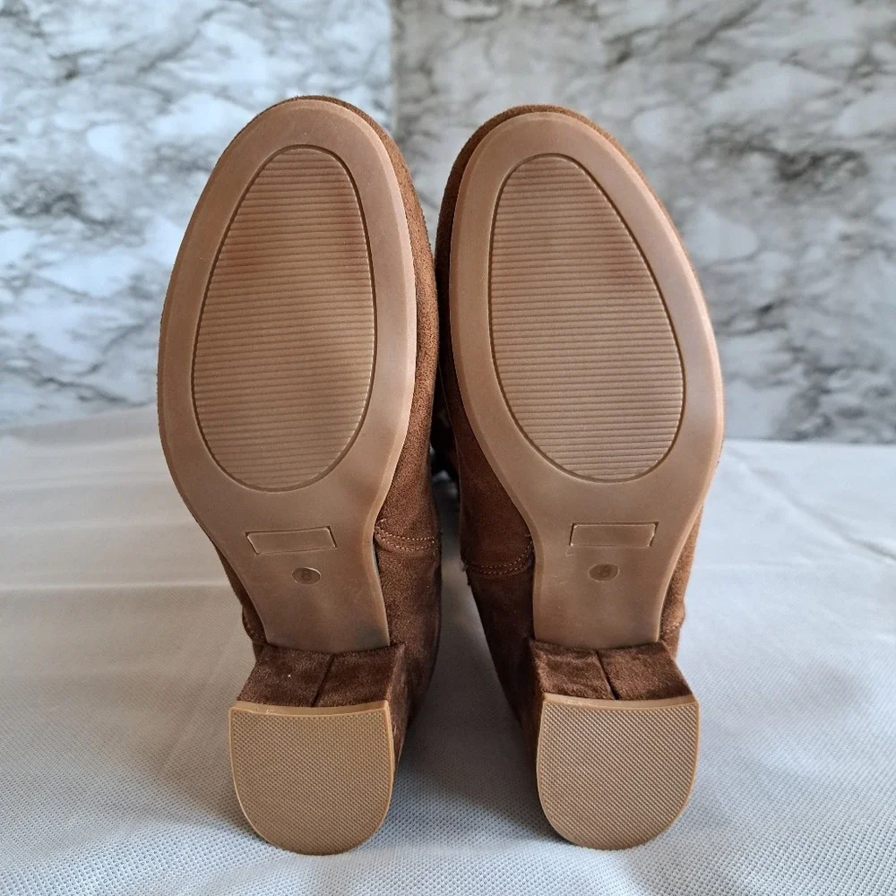 Faux Suede Over The Knee Block Heeled Stretch Boots Camel Full Lace-Up Back‎ 8